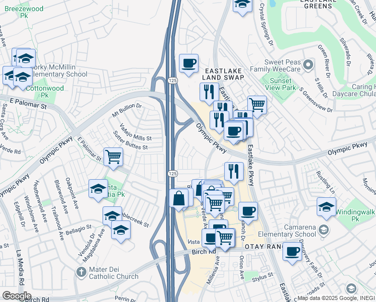 map of restaurants, bars, coffee shops, grocery stores, and more near 1444 Suwerte Avenue in Chula Vista