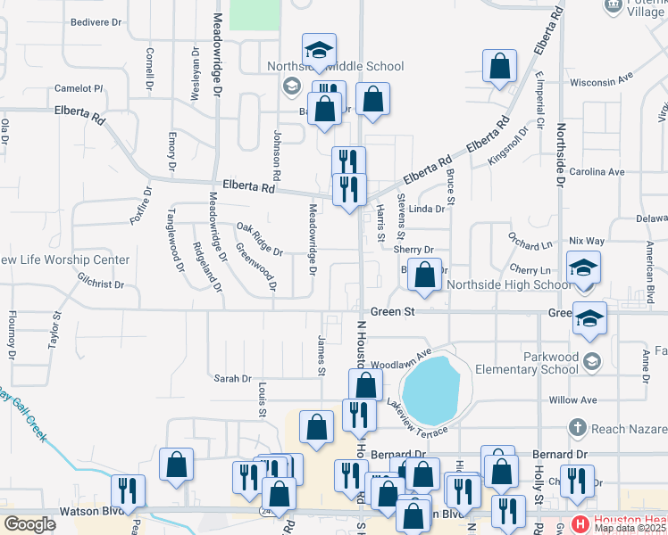 map of restaurants, bars, coffee shops, grocery stores, and more near 729 North Houston Road in Warner Robins