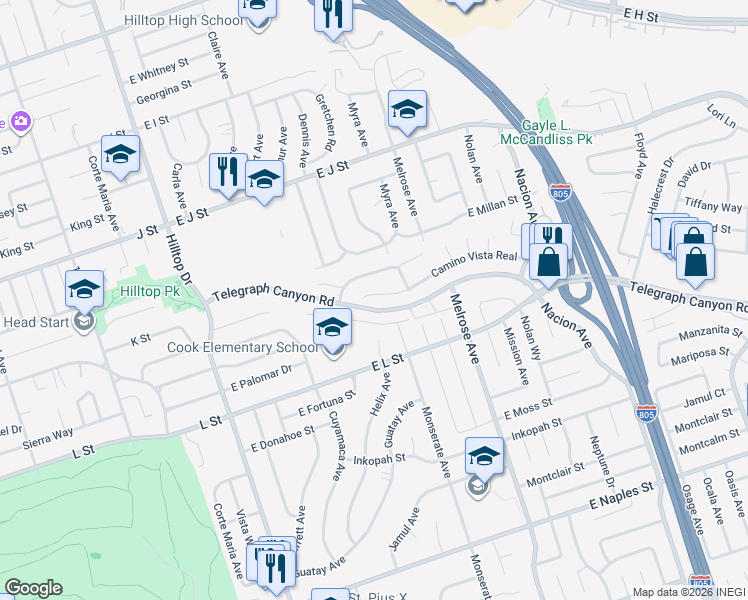 map of restaurants, bars, coffee shops, grocery stores, and more near 166 Camino Vista Real in Chula Vista