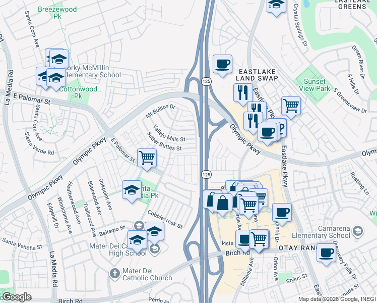 map of restaurants, bars, coffee shops, grocery stores, and more near 1460 Paint Brush Drive in Chula Vista