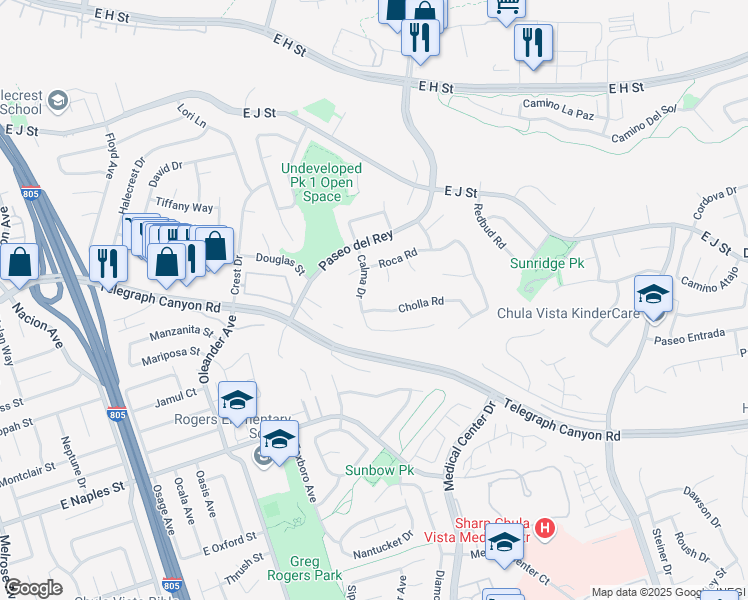 map of restaurants, bars, coffee shops, grocery stores, and more near 721 Cholla Road in Chula Vista