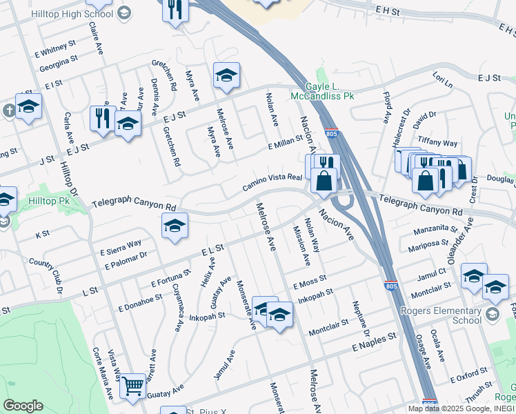 map of restaurants, bars, coffee shops, grocery stores, and more near 877 Melrose Avenue in Chula Vista