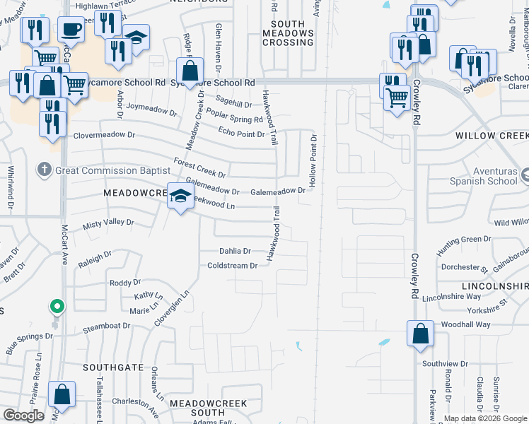map of restaurants, bars, coffee shops, grocery stores, and more near 2508 Country Creek Lane in Fort Worth