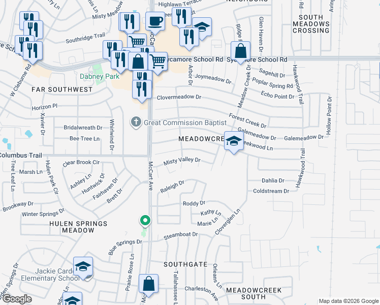 map of restaurants, bars, coffee shops, grocery stores, and more near 3204 Misty Valley Drive in Fort Worth