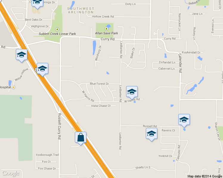 map of restaurants, bars, coffee shops, grocery stores, and more near 7107 Forestburg Drive in Arlington