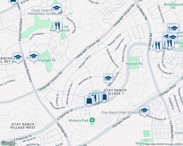 map of restaurants, bars, coffee shops, grocery stores, and more near 1405 Stanislaus Drive in Chula Vista