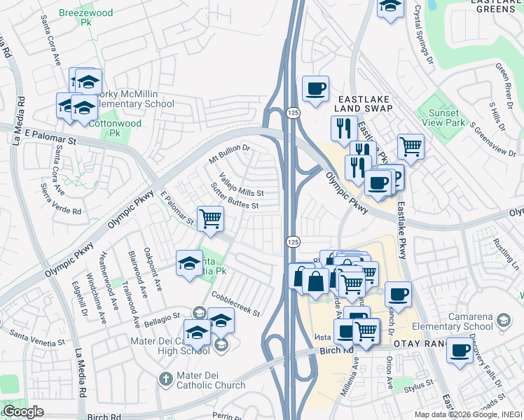 map of restaurants, bars, coffee shops, grocery stores, and more near 1460 Paint Brush Drive in Chula Vista