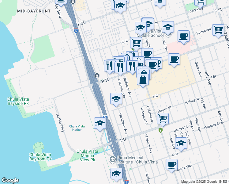 map of restaurants, bars, coffee shops, grocery stores, and more near 544 Woodlawn Avenue in Chula Vista