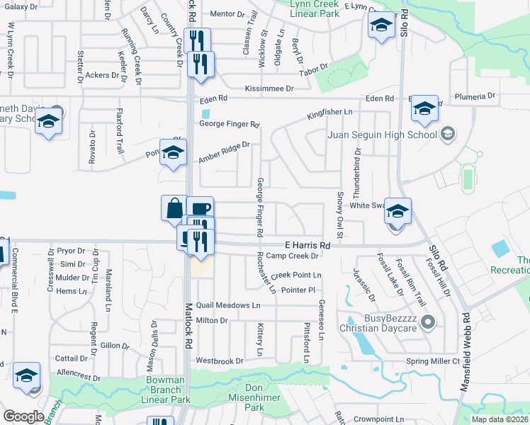 map of restaurants, bars, coffee shops, grocery stores, and more near 7107 Harris Meadows Drive in Arlington