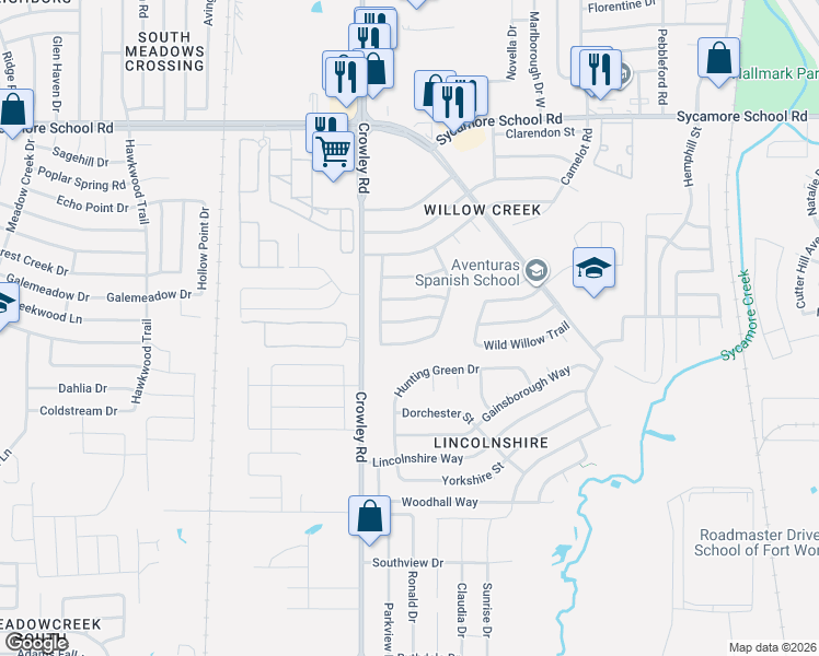 map of restaurants, bars, coffee shops, grocery stores, and more near 1864 Kings Canyon Circle in Fort Worth