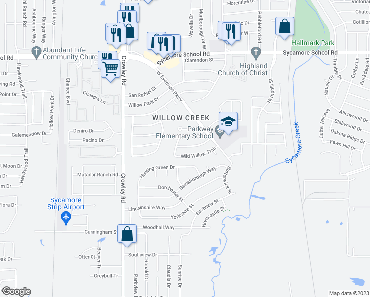 map of restaurants, bars, coffee shops, grocery stores, and more near 1817 Spicewood Trail in Fort Worth