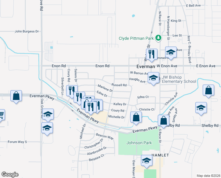 map of restaurants, bars, coffee shops, grocery stores, and more near 904 Marlene Drive in Everman