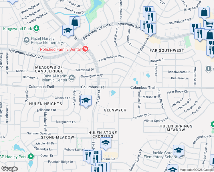 map of restaurants, bars, coffee shops, grocery stores, and more near 4300 Hulen Circle East in Fort Worth