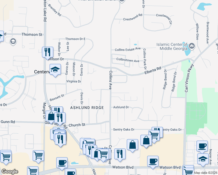 map of restaurants, bars, coffee shops, grocery stores, and more near 100 McVey Drive in Centerville