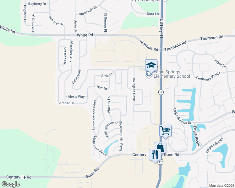 map of restaurants, bars, coffee shops, grocery stores, and more near 314 Waverly Lane in Byron