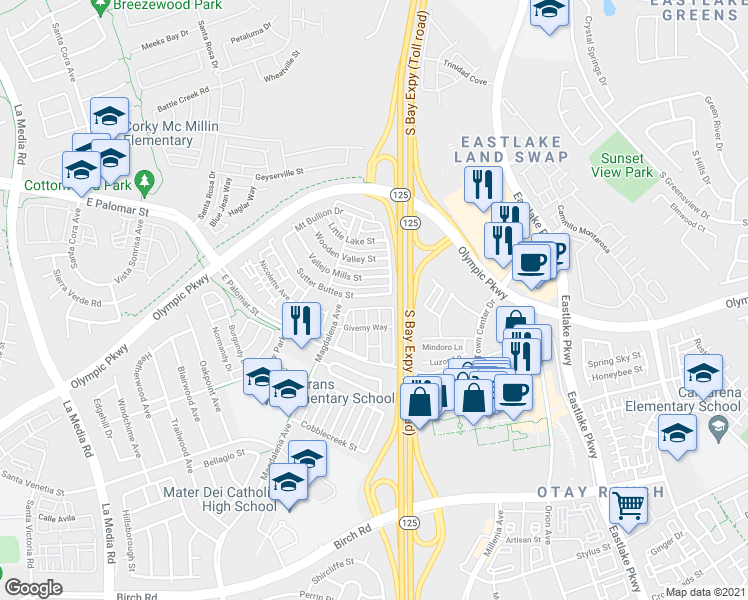 map of restaurants, bars, coffee shops, grocery stores, and more near 1468 Sutter Buttes Street in Chula Vista