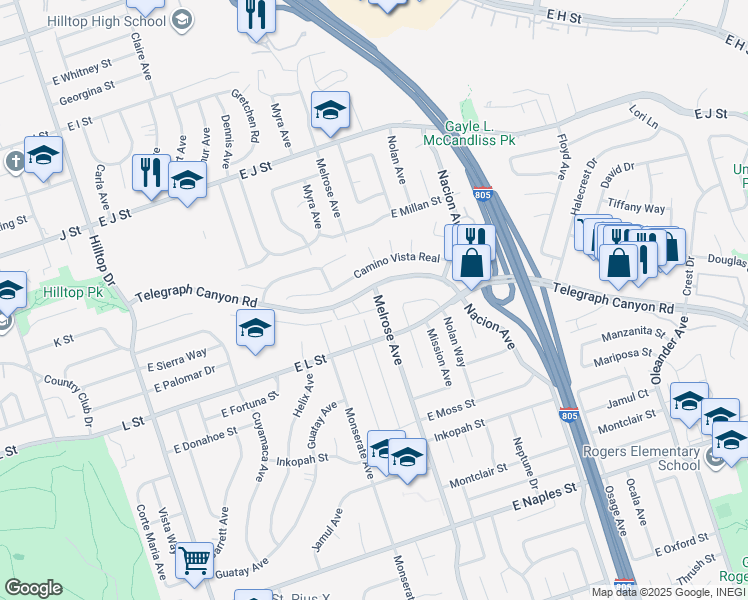 map of restaurants, bars, coffee shops, grocery stores, and more near 860 Melrose Avenue in Chula Vista