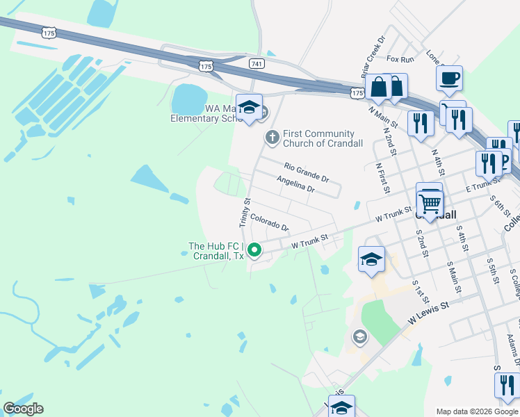 map of restaurants, bars, coffee shops, grocery stores, and more near 408 Colorado Drive in Crandall