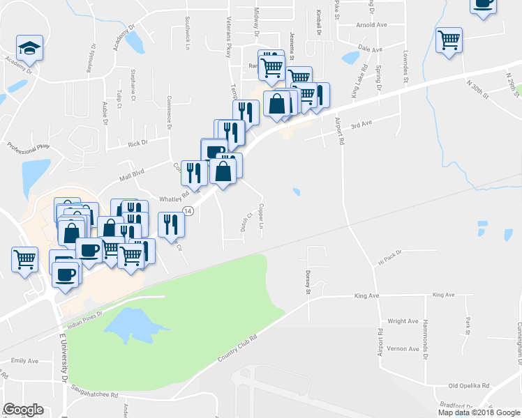 map of restaurants, bars, coffee shops, grocery stores, and more near Copper Lane in Opelika