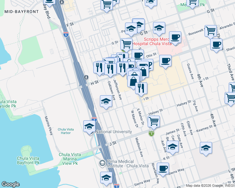 map of restaurants, bars, coffee shops, grocery stores, and more near 563 Oaklawn Avenue in Chula Vista