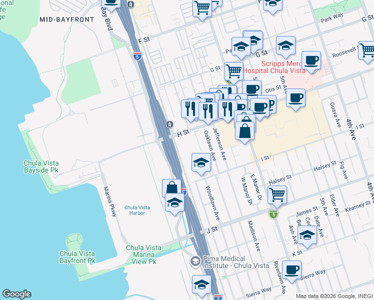 map of restaurants, bars, coffee shops, grocery stores, and more near 708 H Street in Chula Vista