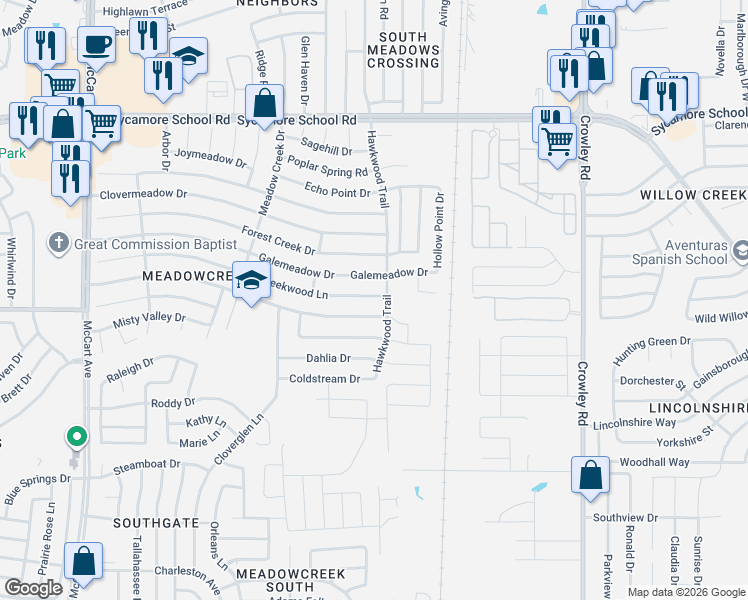 map of restaurants, bars, coffee shops, grocery stores, and more near 2508 Country Creek Lane in Fort Worth