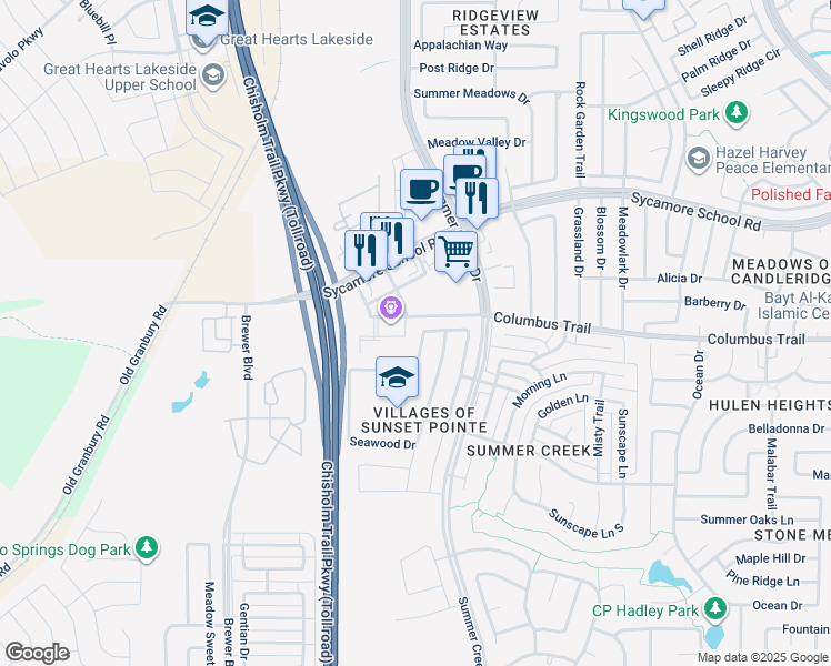 map of restaurants, bars, coffee shops, grocery stores, and more near 5500 Old Orchard Drive in Fort Worth