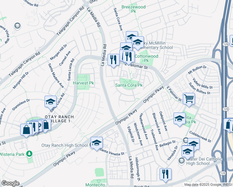 map of restaurants, bars, coffee shops, grocery stores, and more near 1634 Ridge Rock Court in Chula Vista