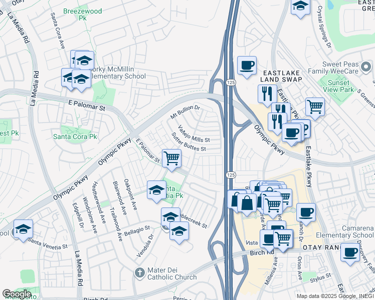 map of restaurants, bars, coffee shops, grocery stores, and more near 1400 Sutter Buttes Street in Chula Vista