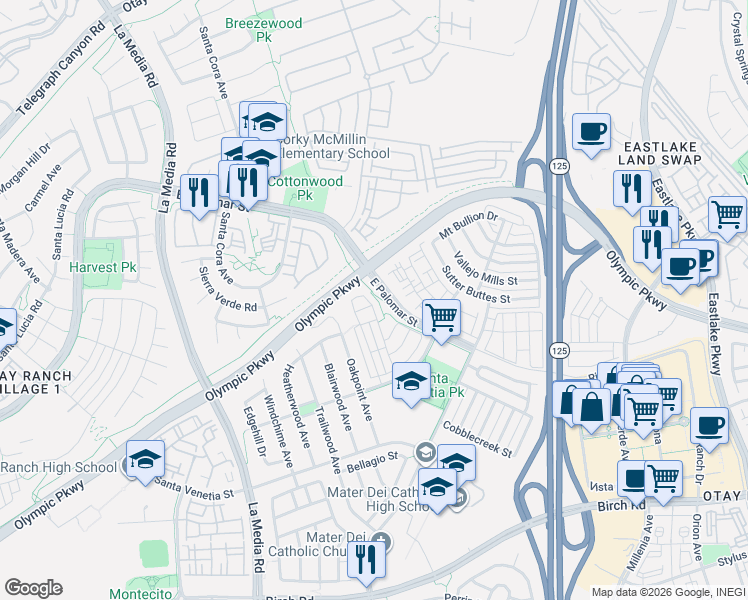 map of restaurants, bars, coffee shops, grocery stores, and more near 1839 Cherbourg Drive in Chula Vista