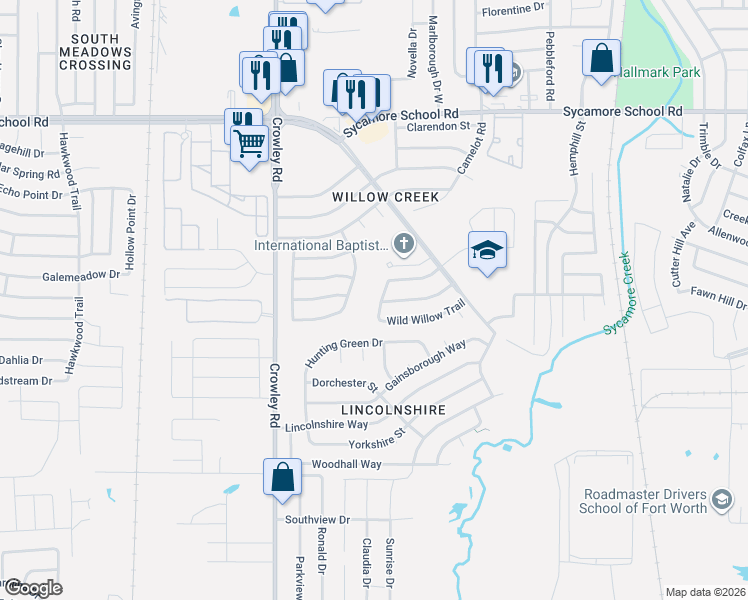 map of restaurants, bars, coffee shops, grocery stores, and more near 1840 Wild Willow Trail in Fort Worth