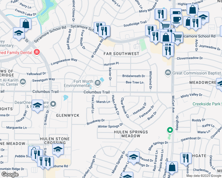 map of restaurants, bars, coffee shops, grocery stores, and more near 6801 Hulen Park Circle in Fort Worth