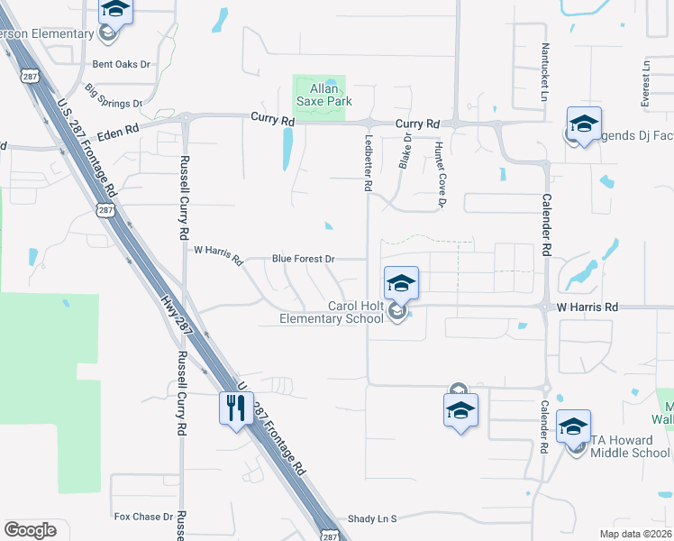 map of restaurants, bars, coffee shops, grocery stores, and more near 7107 Forestburg Drive in Arlington