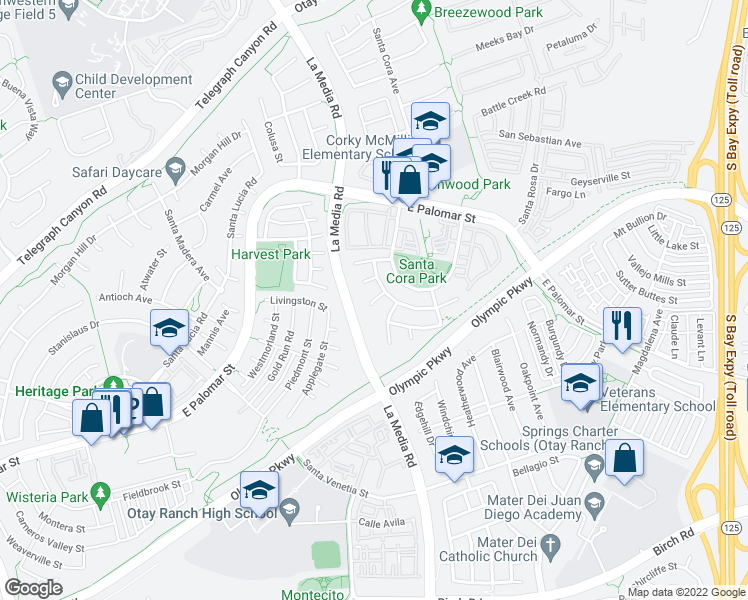 map of restaurants, bars, coffee shops, grocery stores, and more near Ridge Rock Ct in Chula Vista