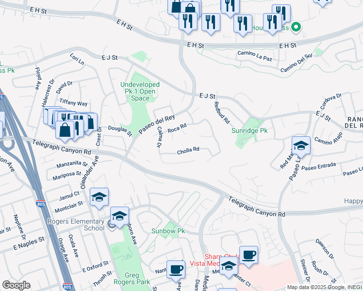 map of restaurants, bars, coffee shops, grocery stores, and more near 1002 Cholla Place in Chula Vista