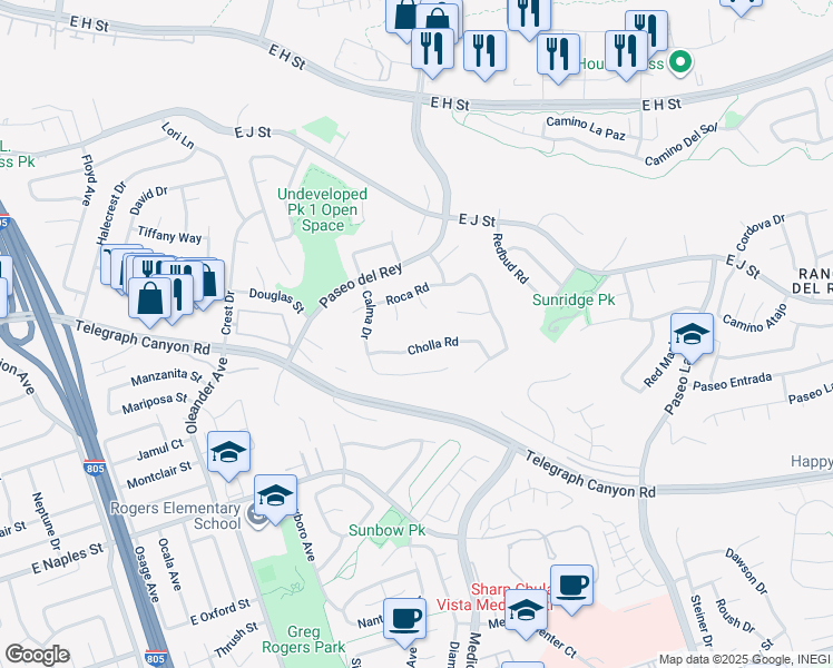 map of restaurants, bars, coffee shops, grocery stores, and more near 1002 Cholla Place in Chula Vista
