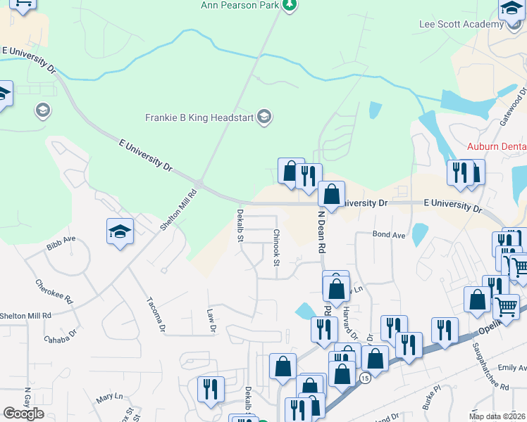 map of restaurants, bars, coffee shops, grocery stores, and more near 837 Choctaw Avenue in Auburn
