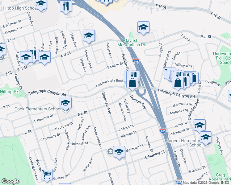 map of restaurants, bars, coffee shops, grocery stores, and more near 315 Nolan Way in Chula Vista