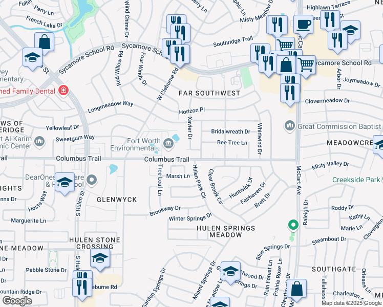 map of restaurants, bars, coffee shops, grocery stores, and more near 6801 Hulen Park Circle in Fort Worth