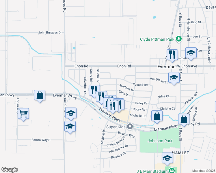 map of restaurants, bars, coffee shops, grocery stores, and more near 1012 Edna Drive in Everman