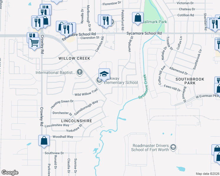 map of restaurants, bars, coffee shops, grocery stores, and more near 1240 Rosedale Springs Lane in Fort Worth