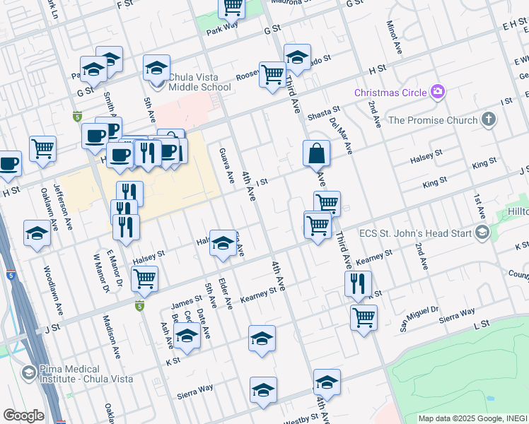 map of restaurants, bars, coffee shops, grocery stores, and more near 639 4th Avenue in Chula Vista