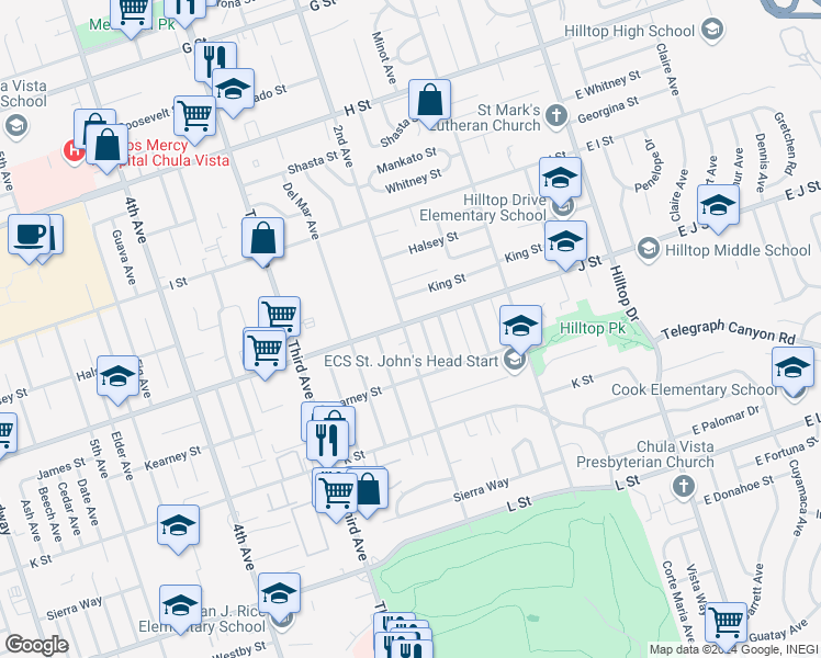 map of restaurants, bars, coffee shops, grocery stores, and more near 701 2nd Avenue in Chula Vista