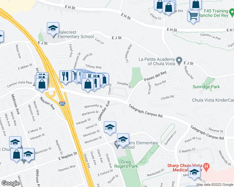 map of restaurants, bars, coffee shops, grocery stores, and more near in Chula Vista
