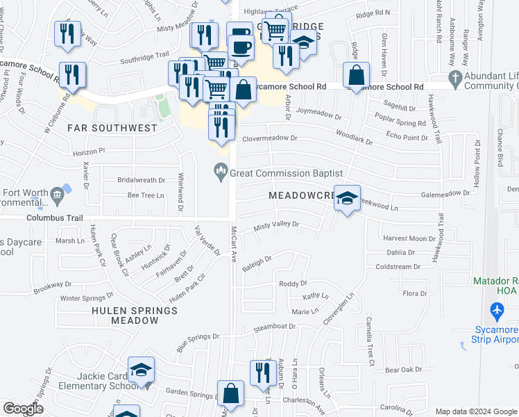 map of restaurants, bars, coffee shops, grocery stores, and more near 3316 Fairmeadows Lane in Fort Worth