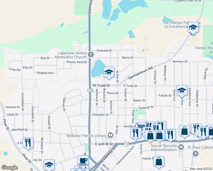 map of restaurants, bars, coffee shops, grocery stores, and more near 515 West Todd Street in Minden