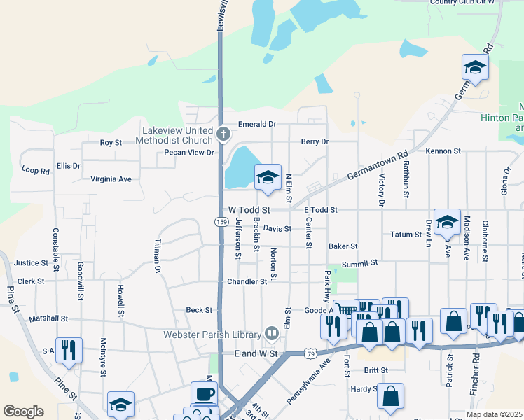 map of restaurants, bars, coffee shops, grocery stores, and more near 515 West Todd Street in Minden