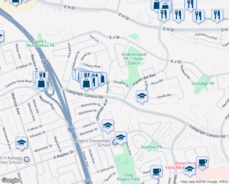 map of restaurants, bars, coffee shops, grocery stores, and more near 601 Telegraph Canyon Road in Chula Vista