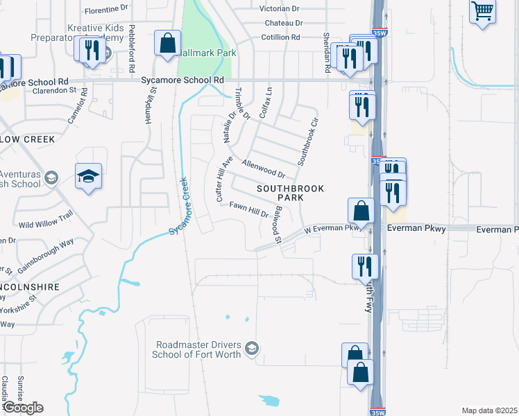map of restaurants, bars, coffee shops, grocery stores, and more near 324 Fawn Hill Drive in Fort Worth