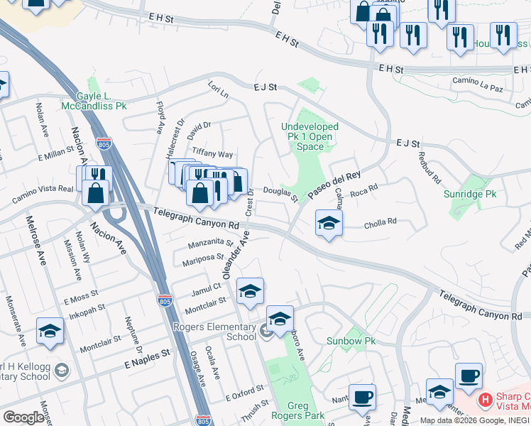 map of restaurants, bars, coffee shops, grocery stores, and more near in Chula Vista